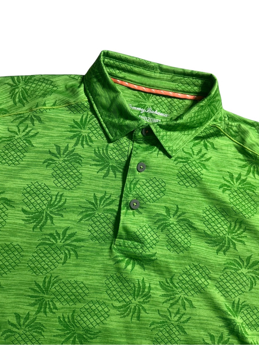 Tommy Bahama Polo Shirt Mens Medium Green Pineapple Print IslandZone Golf Knit